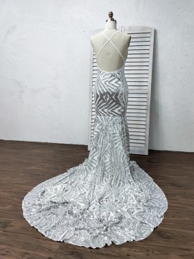 backless silver sequin long train prom dress