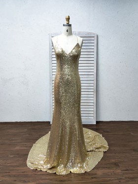 gold sequin mermaid long train prom dress