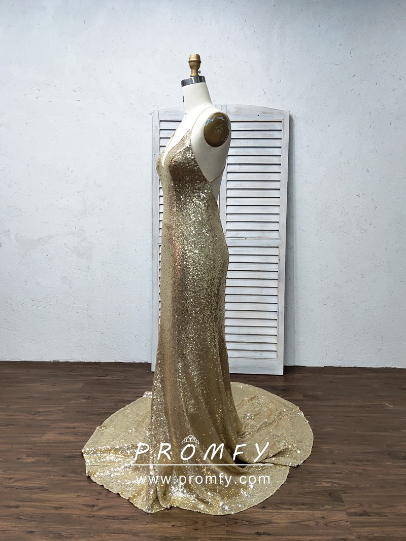 Promfy Gold Sequin V-neck Spaghetti Straps Prom Dress