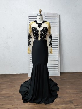 illusion gold and black lace long sleeve prom dress