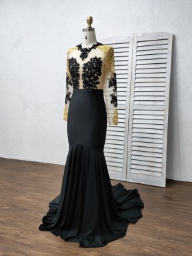 illusion gold and black lace mermaid long prom dress