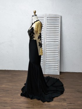 long sleeve gold and back lace prom dress