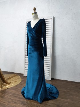navy blue velvet long sleeve V neck evening formal dress