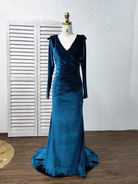 navy blue velvet long sleeve long evening formal dress