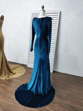 navy blue velvet long sleeve long evening formal dress with medium train