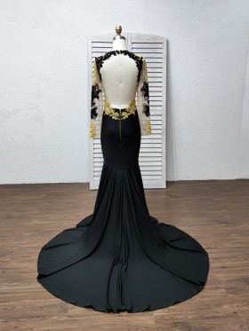 open back gold and black lace long train prom dress open back gold and black lace long train prom dress