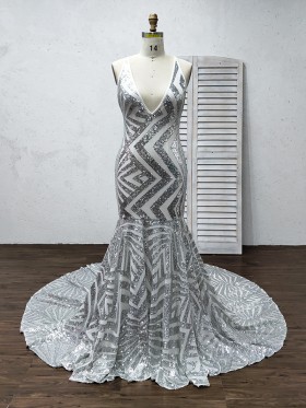 silver patterned sequin mermaid long prom dress