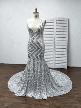 silver patterned sequin prom dress