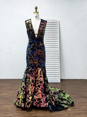 Promfy sparkly galaxy sequin plunging neckline mermaid prom dress