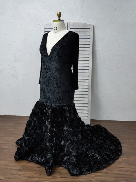 black deep V neck velvet with 3D rosette long sleeve prom dress
