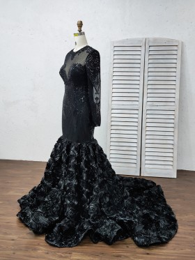 black sequin lace and 3D rosette long sleeve prom dress