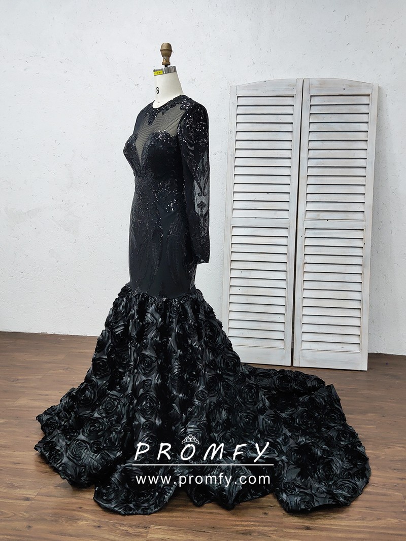 Promfy Stunning Black Sequin & 3D Rose Prom Dress