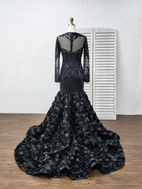 black sequin lace and 3D rosette long train prom dress
