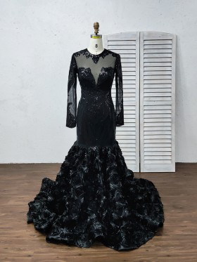 black sequin lace and 3D rosette trumpet mermaid prom dress