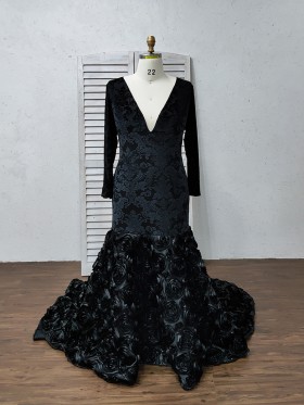 black velvet with 3D rosette long sleeve trumpet prom dress