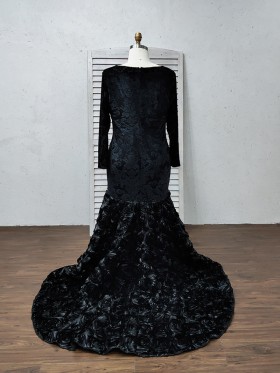 black velvet with 3D rosette long train prom dress black velvet with 3D rosette long train prom dress