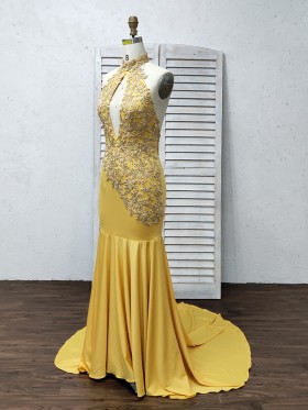 embroidered halter neck cut out yellow spandex prom dress