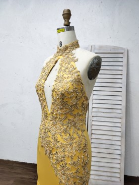 embroidered yellow spandex halter dress