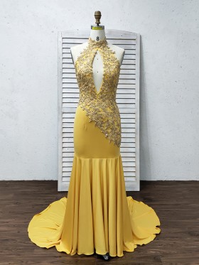 embroidered yellow spandex mermaid long prom dress