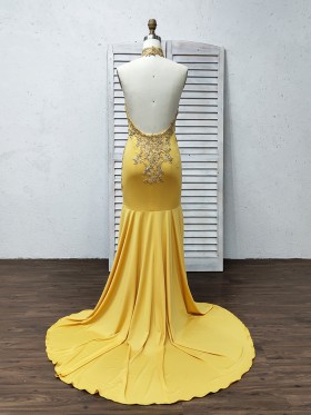 low back long train yellow spandex prom dress