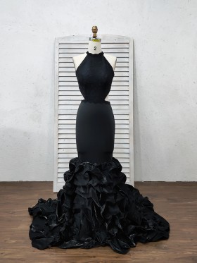 black cascading ruffles trumpet floor length prom gown