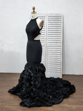 black cascading ruffles trumpet halter neck prom gown black cascading ruffles trumpet halter neck prom gown