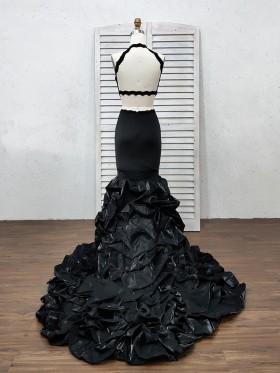 black cascading ruffles trumpet open back prom gown