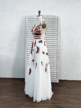 flowers appliqued white lace A line long party dress flowers appliqued white lace A line long party dress
