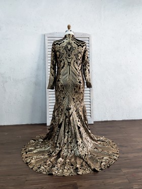 gold sequin with black lining closed back long train prom dress