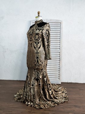 gold sequin with black lining high neck floor length prom dress