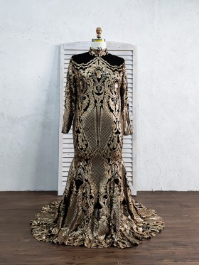 gold sequin with black lining long sleeve prom dress