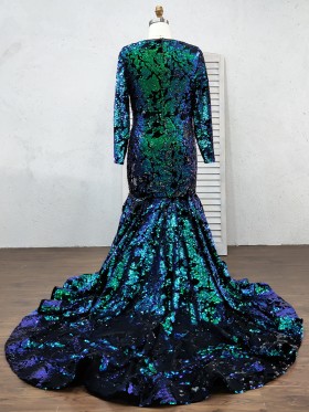 green and blue ombre sequin long sleeve flounce train plus size gown green and blue ombre sequin long sleeve flounce train plus size gown