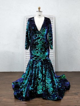 green and blue ombre sequin plus size prom dress