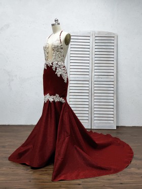 illusion glitter lace appliqued burgundy long prom dress