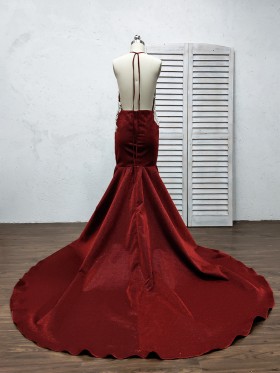 low back burgundy glitter long train prom dress