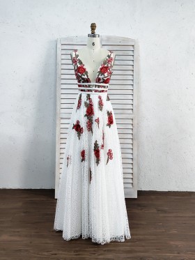 red flowers embellished white lace long dress red flowers embellished white lace long dress