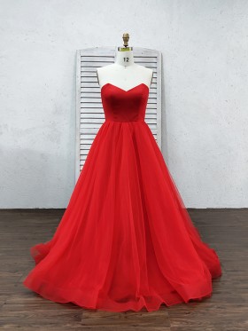 red satin and tulle simple formal ball gown