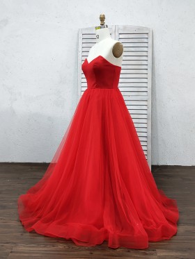 red strapless V neck simple formal ball gown red strapless V neck simple formal ball gown