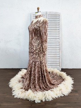 rose gold sequin and feather long sleeve prom dress