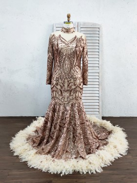 rose gold sequin mermaid long sleeve prom dress with feather long train