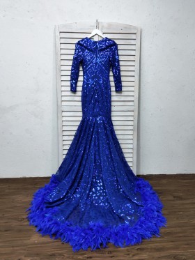 royal blue sequin with feather trimmed long train dress