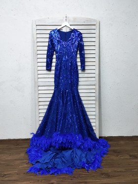 royal blue sequin with feather trimmed long train prom dress