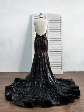 sparkly black stripe sequin backless long train prom dress