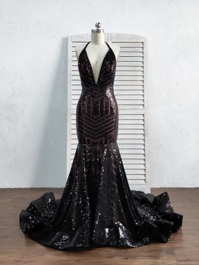 sparkly black stripe sequin mermaid long train prom dress