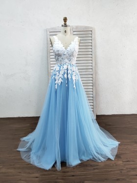 white lace and sky blue tulle A line long formal dress