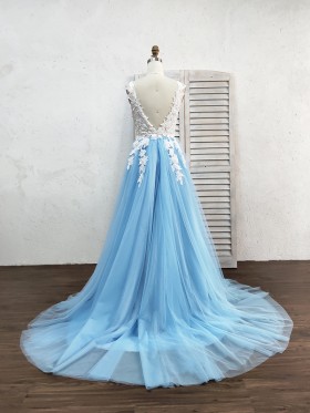 white lace and sky blue tulle V back formal dress