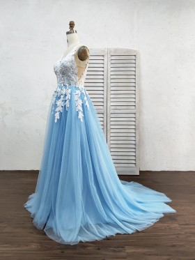 white lace and sky blue tulle formal dress
