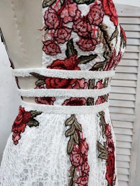white lace with red flowers applique