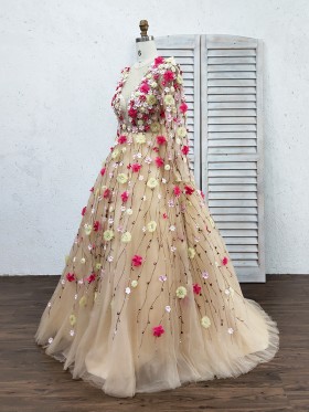 Beautiful 3D flowers adorned champagne ball gown dress