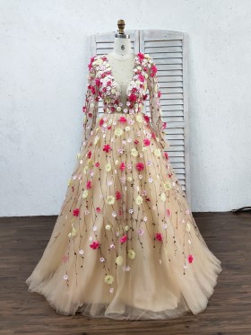 Beautiful 3D flowers embellished champagne ball gown